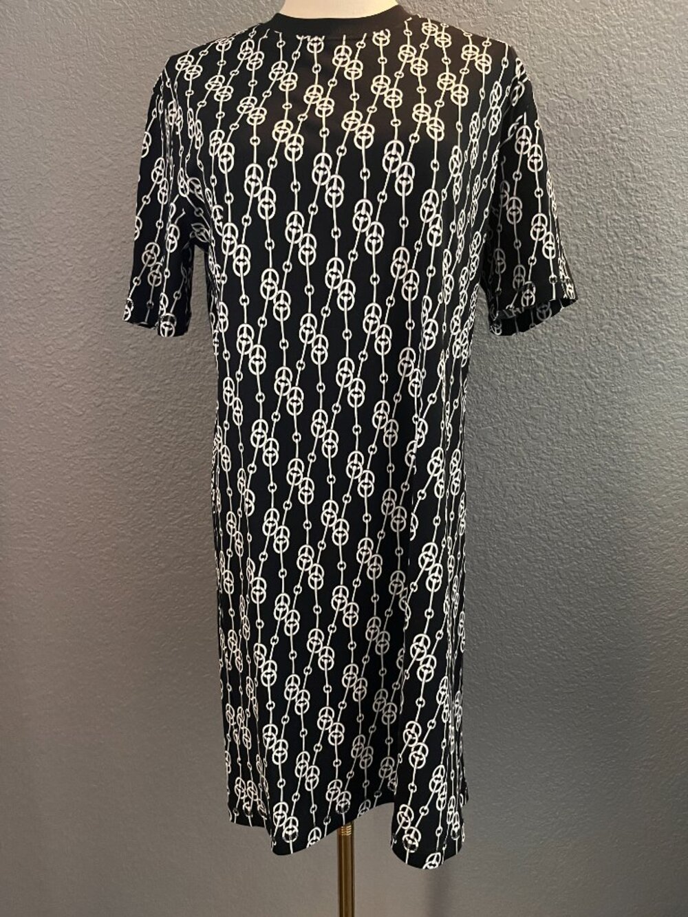 HERMES CLIQUETIS BLACK & WHITE CHAIN DESIGN T-SHIRT DRESS MADE IN FRANCE - EU 38